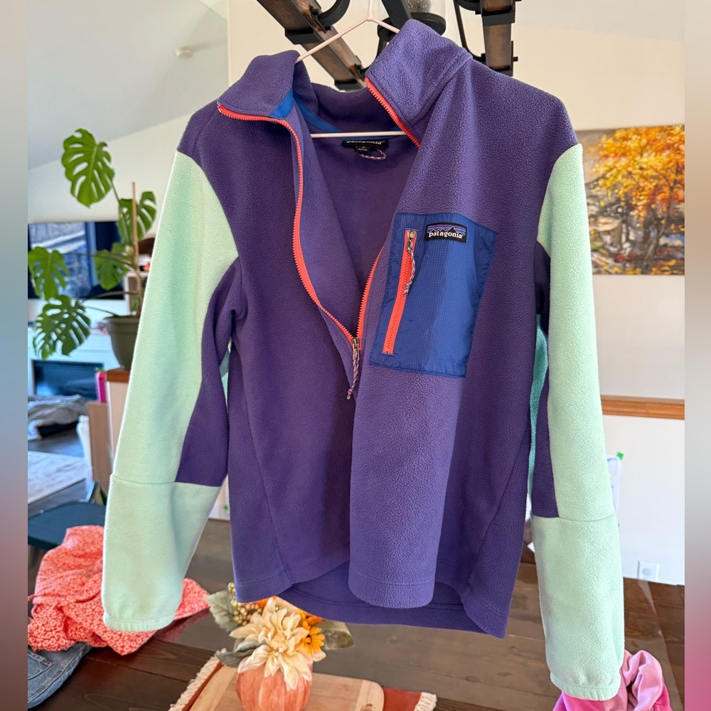 Patagonia Purple and Mint Fleece with Blue Pocket